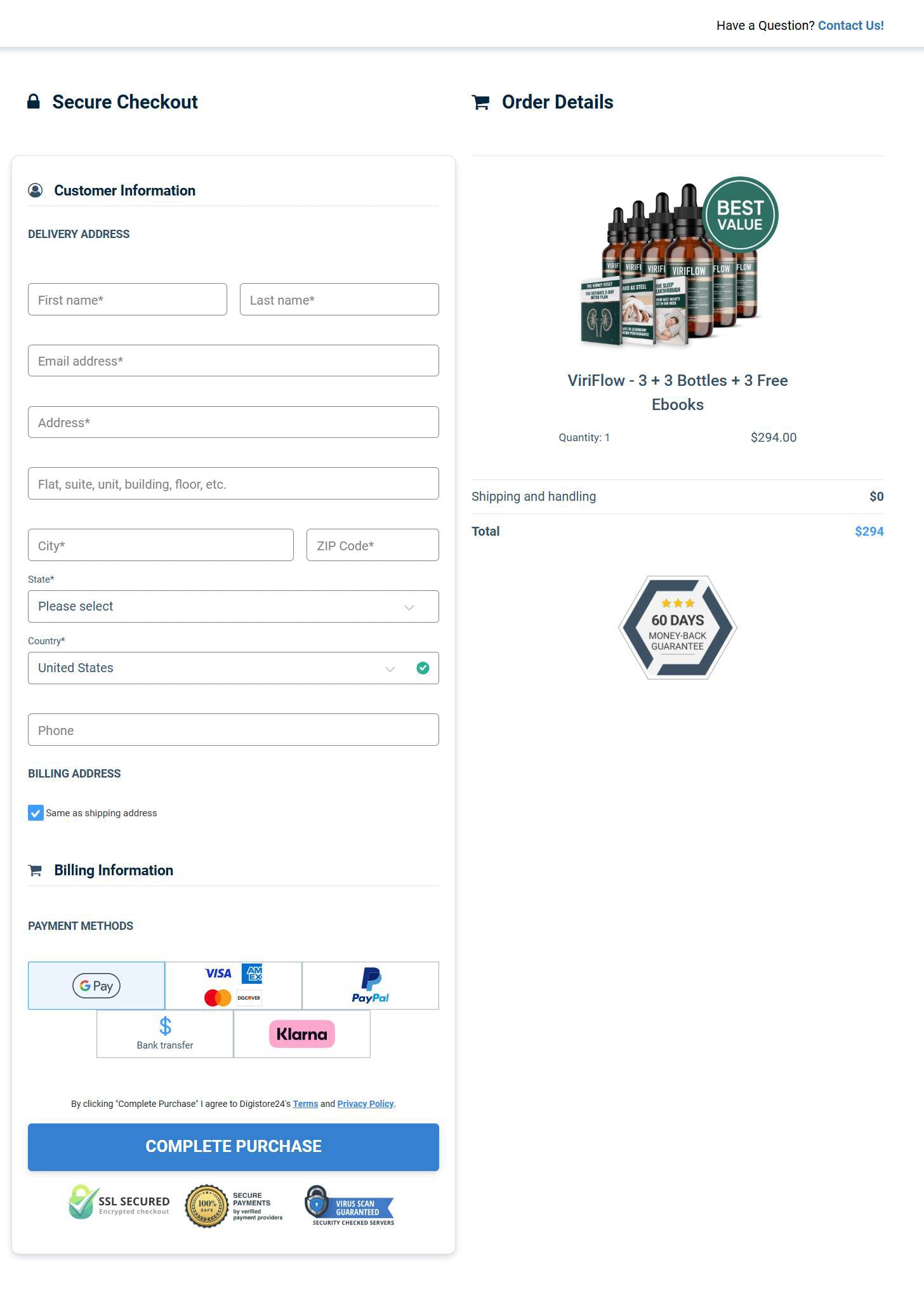 ViriFlow Final Order Checkout Page